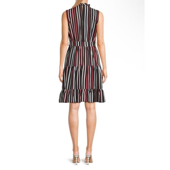 Area Stars Striped Belted Tiered Dress L Midi Holiday Party Workwear Sleeveless - Picture 2 of 6